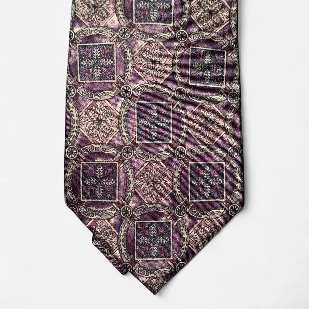 Vintage 90s Bill Blass Purple and Tan Geometric Print Neck Tie